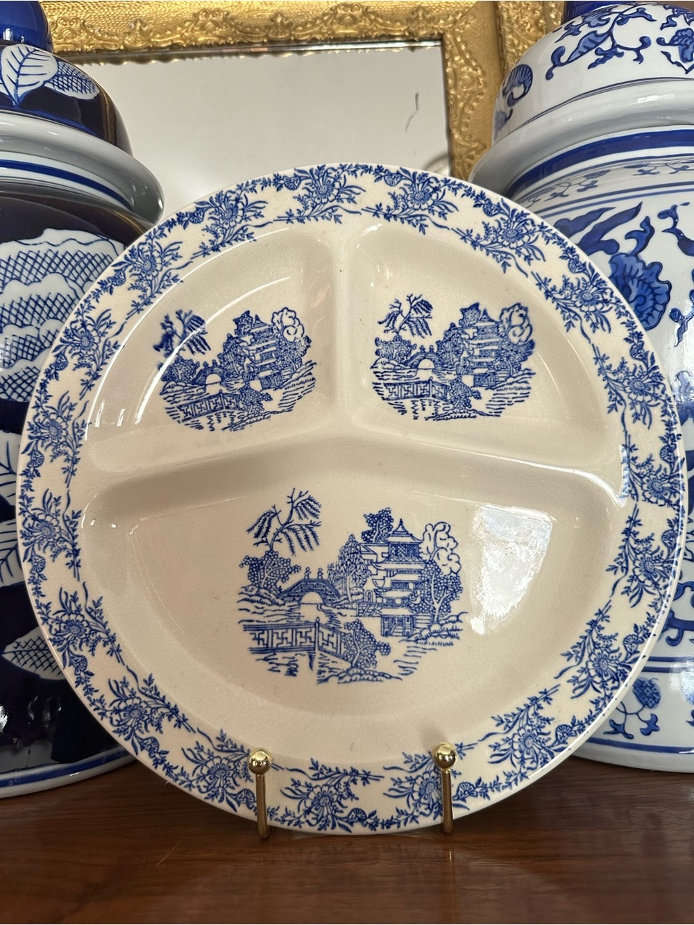 Vintage Pair Blue Willow Divided Grill Plates USA Chinoiserie Blue & White 11”